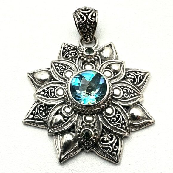 Sarda Bali Designer Sterling Silver Blue Green Mystic Quartz Pendant 4 Necklace - Picture 1 of 5